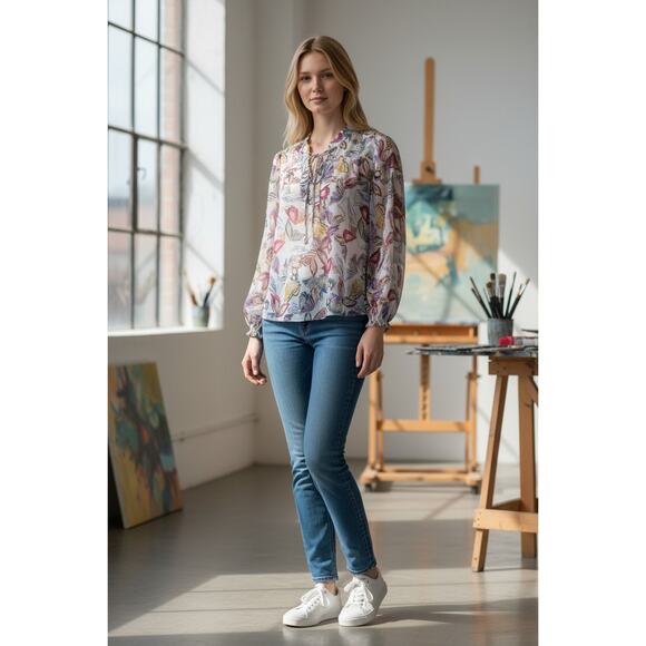 Hale Bob Butterfly Print Blouse Top Large Long Sleeve Tie Neck Boho Colorful - Picture 1 of 8